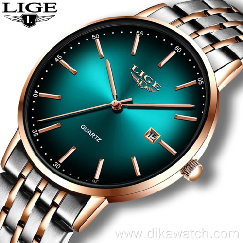 Unisex LIGE 10037 Luxury Ladies Watches Waterproof Rose Gold Steel Strap Top Brand Bracelet Clocks Relogio Hour Quartz Men Watch